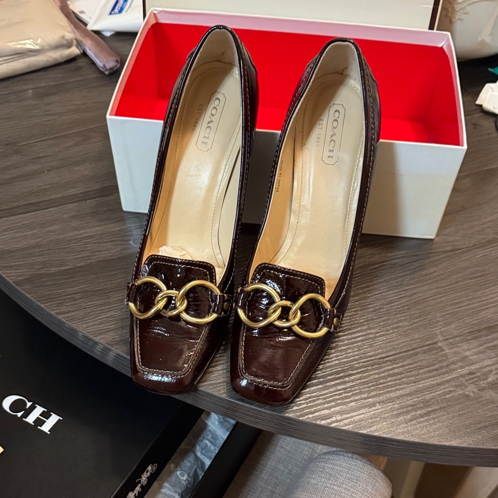 Coach Women's Chocolate Patent Leather Heels with Gold Accent